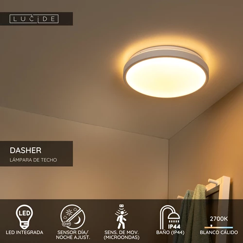 Lucide DASHER - Lámpara de techo Baño - Ø 34,8 cm - LED - 1x18W 2700K - IP44 - Sensor movimiento & día/noche - Blanco - USP